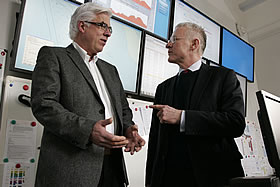 Scira Offshore Energy General Manager Einar Str&oslash;msv&aring;g (left) with Norman Lamb in the wind farm�s marine coordination centre.