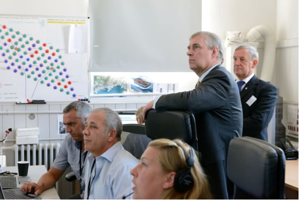 Mark Williamson, Mike Walker and Rebecca Callister with The Duke of York and Gardline's John Morse in the Scira Marine Centre.