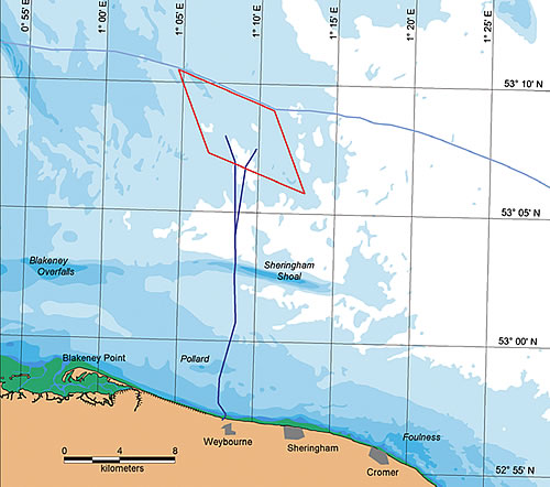 Location map showing position off Weybourne